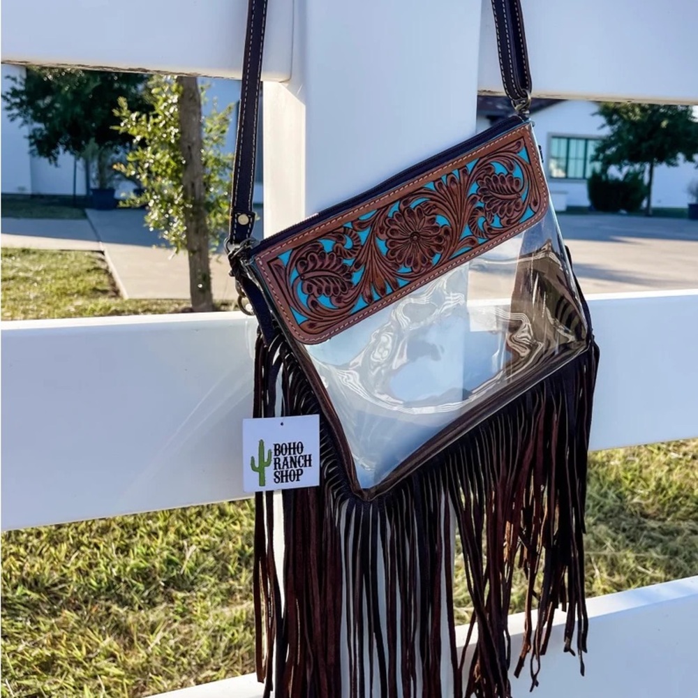 Boho Ranch - Western Tooled Leather Clear Crossbody Purse hand tooled concert - Picture 10 of 10